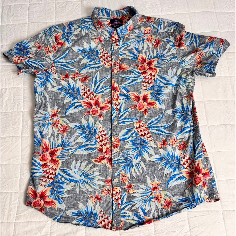 Coastal Slim Fit Short Sleeve Hawaiian Size L Tropical Floral Pineapple